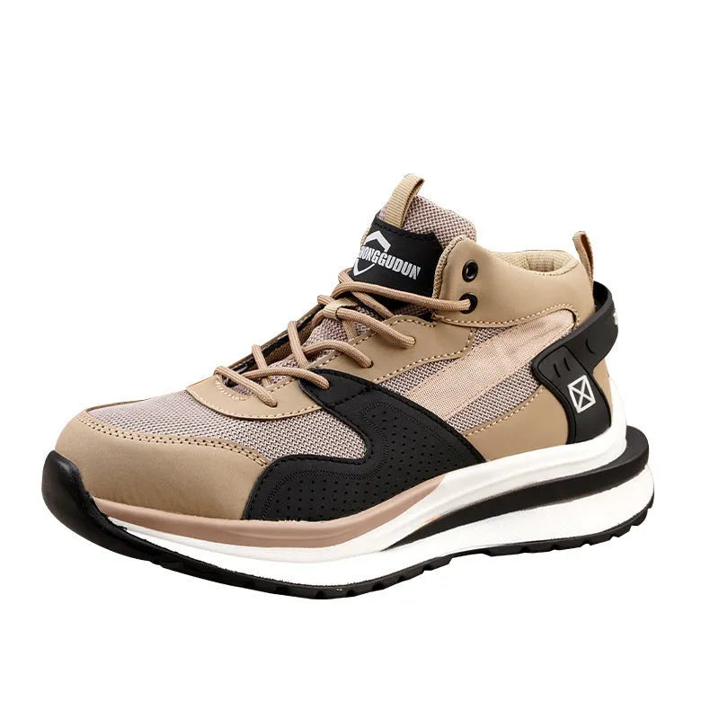 Low-top safety work shoes with a steel toe cap and lace-up front, shown in black, brown, and grey colour options.