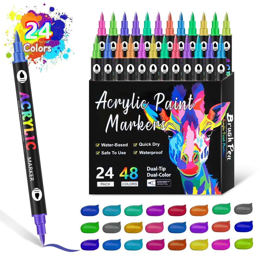 Set of washable double-headed acrylic marker pens with fine and broad tips, showing opaque colours.