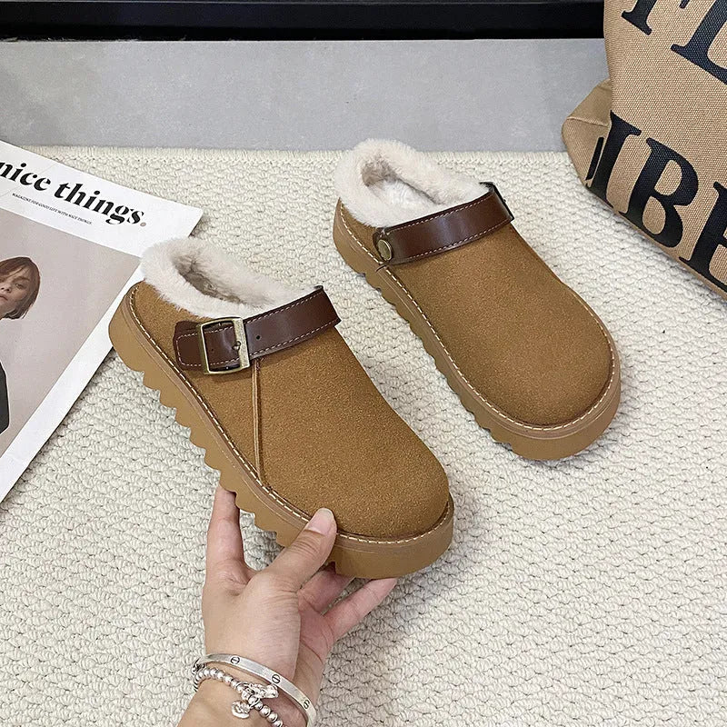 Women's low-top suede snow boots with cotton lining in brown, showing mid heel and rubber sole