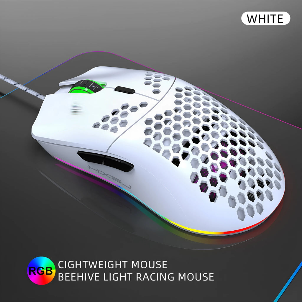 J900 honeycomb shell wired gaming mouse with USB cable in black colour, top view showing six buttons and RGB lighting
