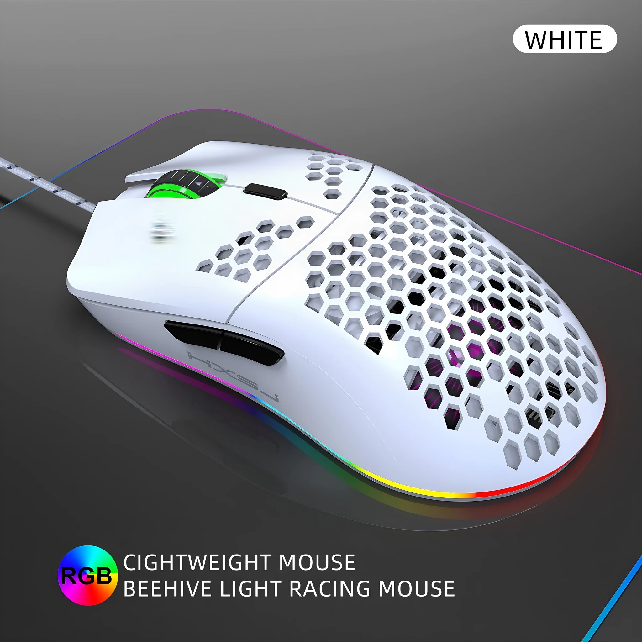 J900 honeycomb shell wired gaming mouse with USB cable in black colour, top view showing six buttons and RGB lighting