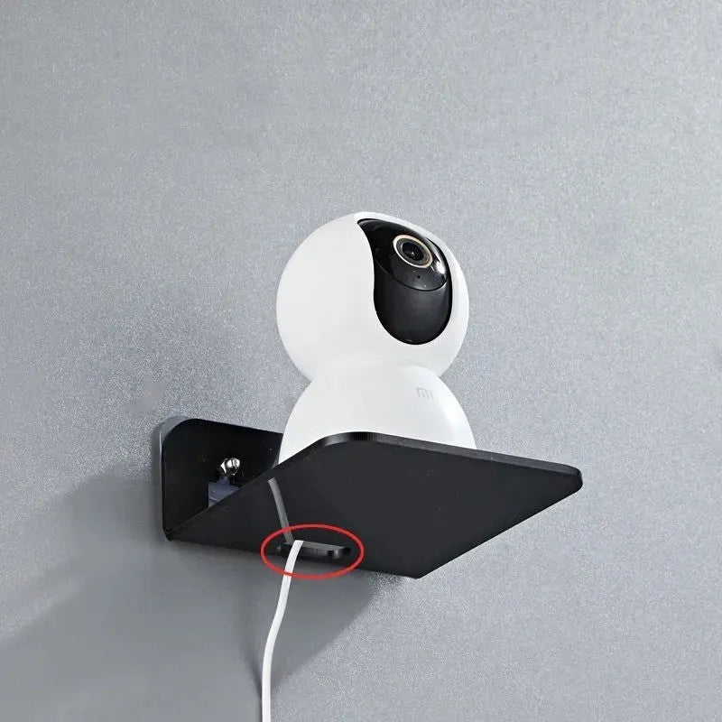 Acrylic right angle camera shelving bracket in black, 13.5x11.5x5.5cm, for no-drill wall mount
