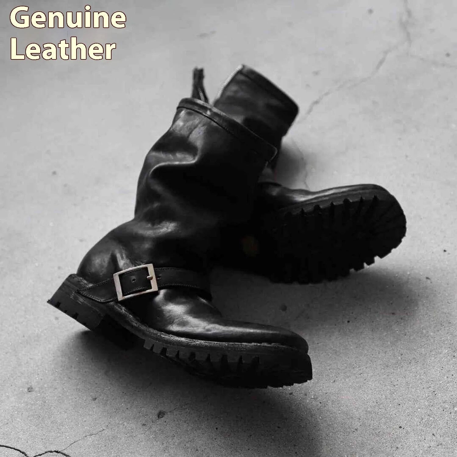 Men's black retro Martin boots with side zip closure and round toe design