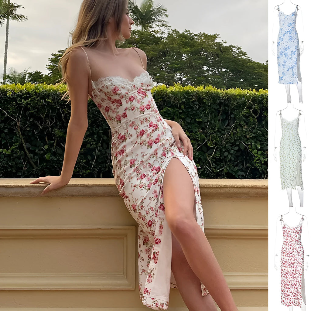 Women's blue lace flower print long dress with thigh slit and black suspender straps.