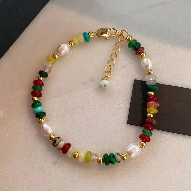 Mixed material dopamine beaded necklace and bracelet set with natural stone, freshwater pearl, glass, resin beads, and mother of pearl pendant