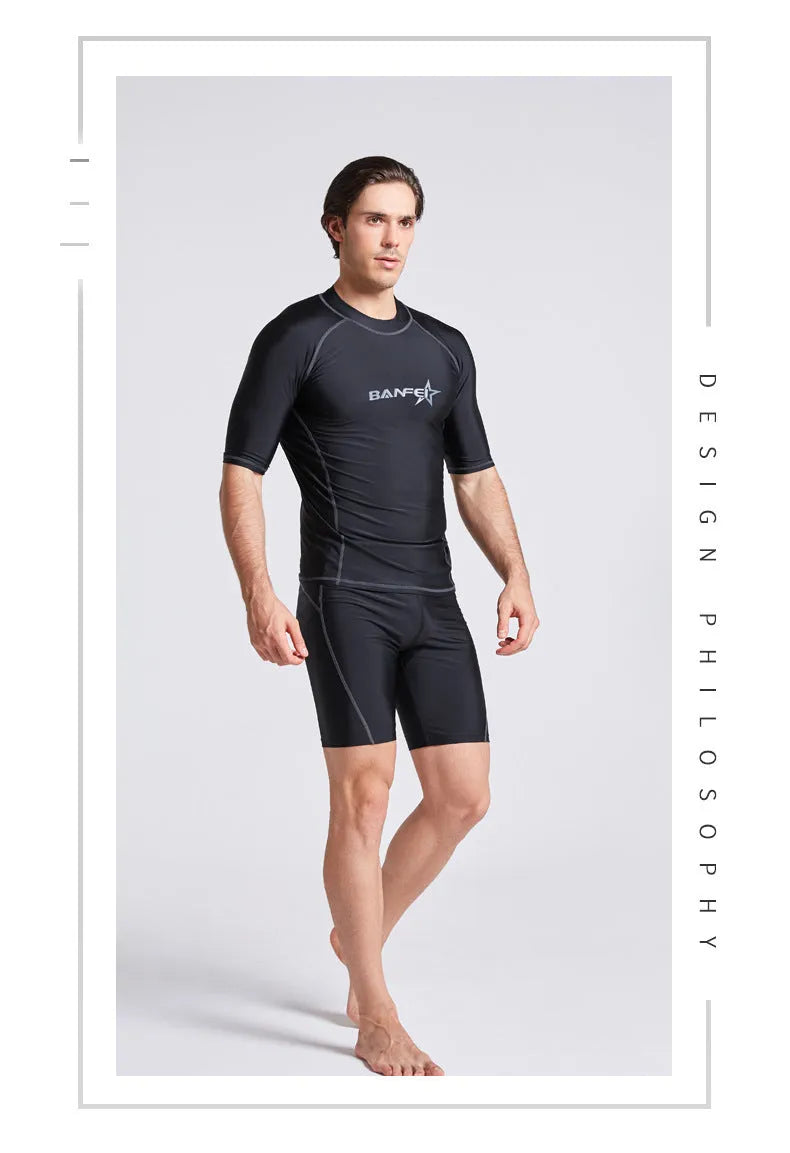 Men's blue quick-dry half sleeve swimsuit for surfing and snorkelling with nylon fabric