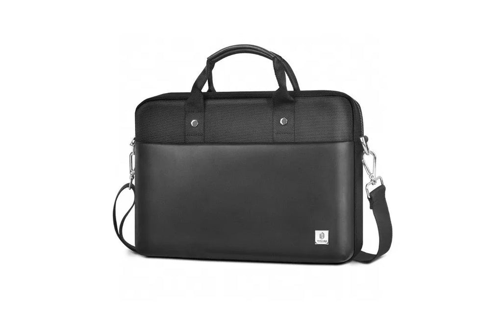 Black Oxford cloth laptop backpack showing multi-pocket design and separate computer compartment.