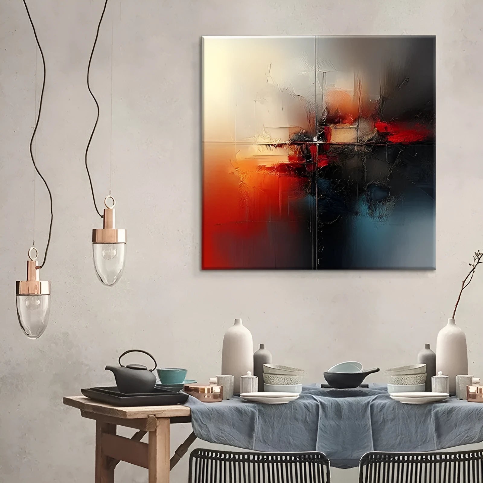 Handmade abstract oil painting on canvas, modern red decor, rolled frameless wall art