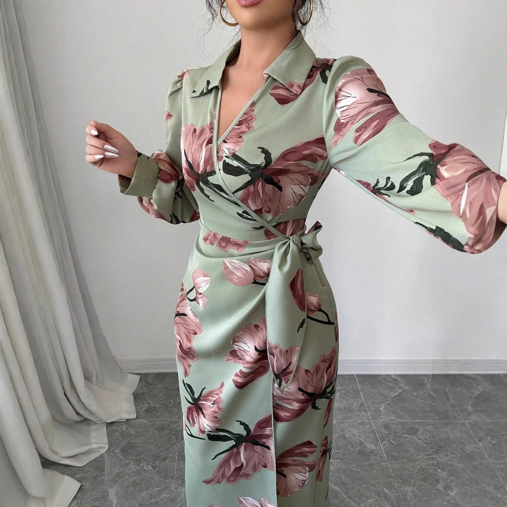 Army green long sleeve printed tie dress with belt, mid-rise waist and pencil style, sizes S to XL