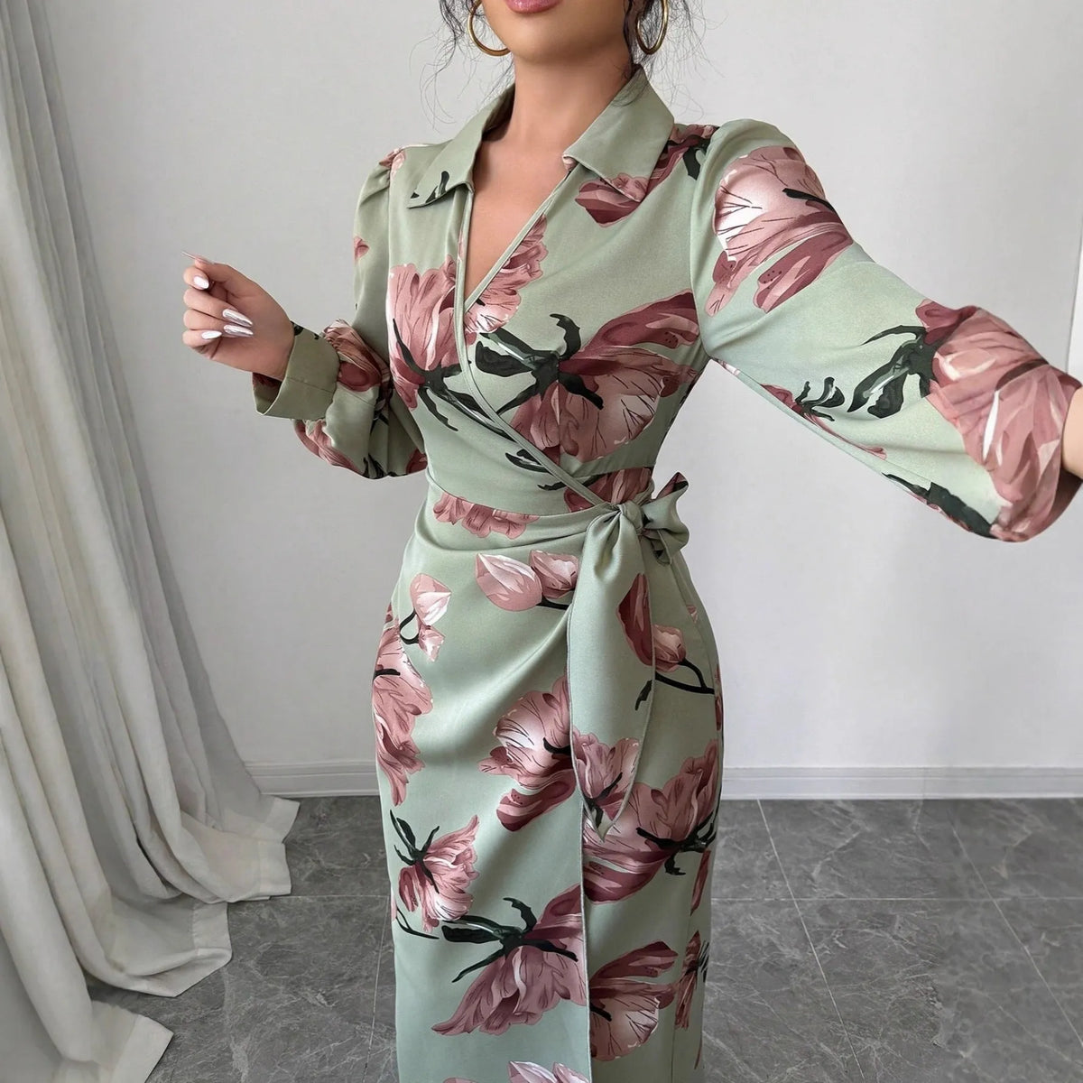 Army green long sleeve printed tie dress with belt, mid-rise waist and pencil style, sizes S to XL