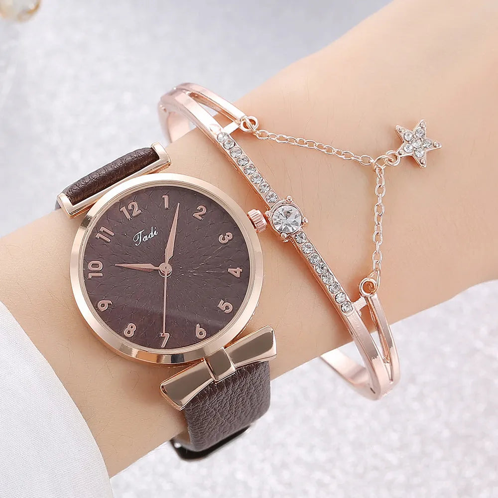 Fashion watch set for women with star love bracelet, white watch with matching bracelet, 8mm thin casing