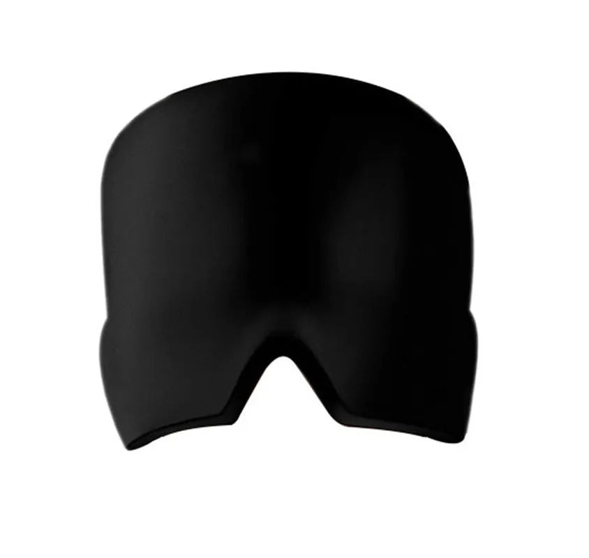 Black elastic ice gel headache relief eye mask shown on a mannequin head, adjustable for 42-66cm circumference.
