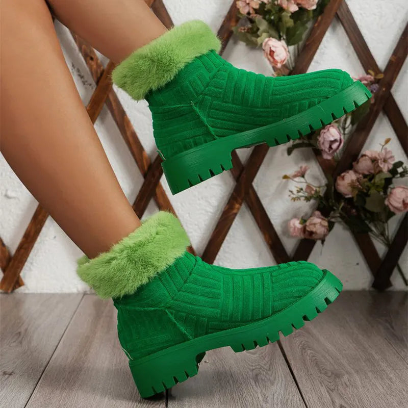 Women's winter ankle boots with thick sole and cotton lining in green