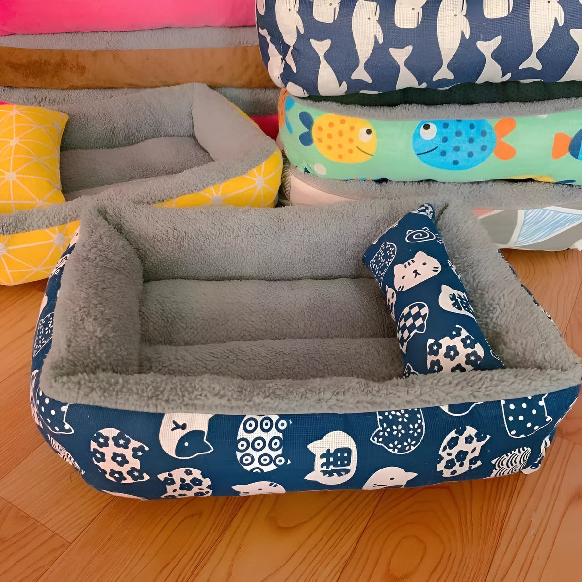 Moisture-proof cloth dog pet bed in Blue Whale, Pink Triangle, Blue Kitten or Yellow Chessboard, sizes S to XXL