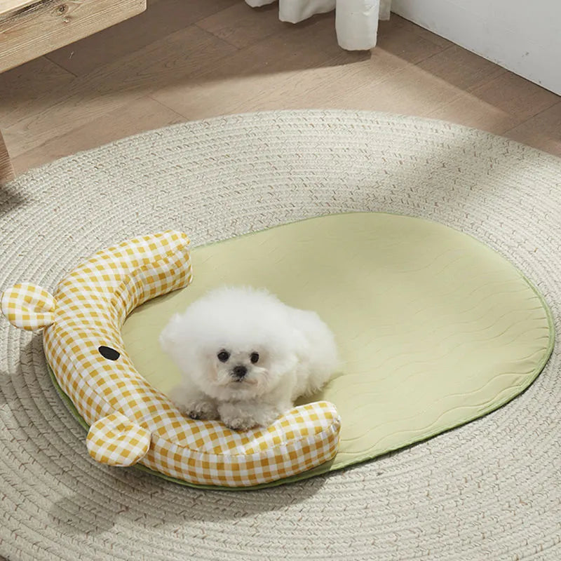 Green and yellow cooling mat for dogs and cats, shown in small, medium, large, and extra-large sizes.