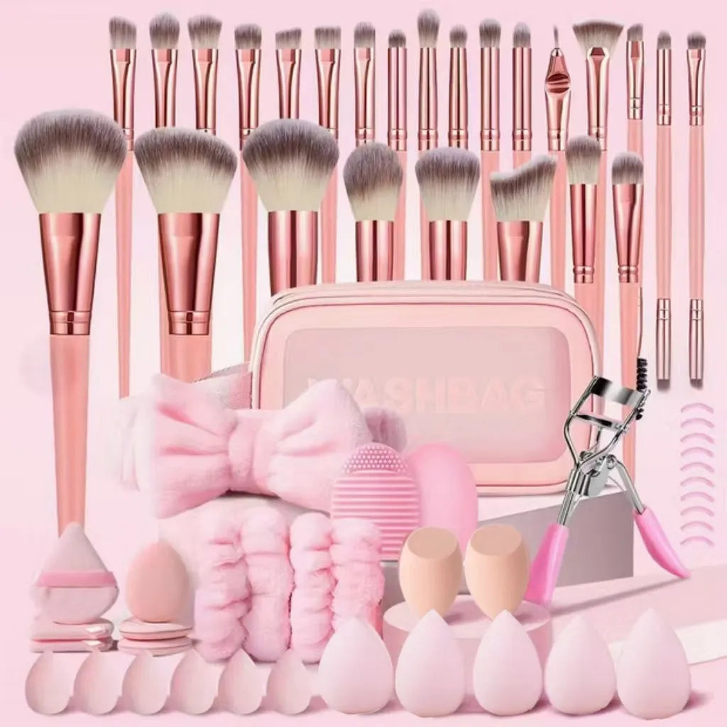 30-piece black makeup brush set with eye shadow brushes, black brush bag option, and pink set option