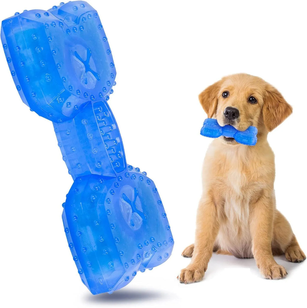 A freezable bone or circle-shaped dog chew toy, shown with treats, designed for cooling and teething relief.