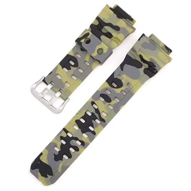 TPU camouflage pattern watch strap with a silver buckle on a white background.