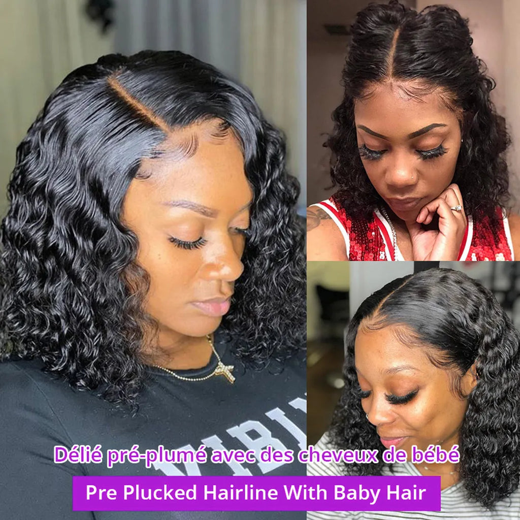 Deep wave lace front human hair wig with transparent curly texture and pre-plucked baby hair on a mannequin head