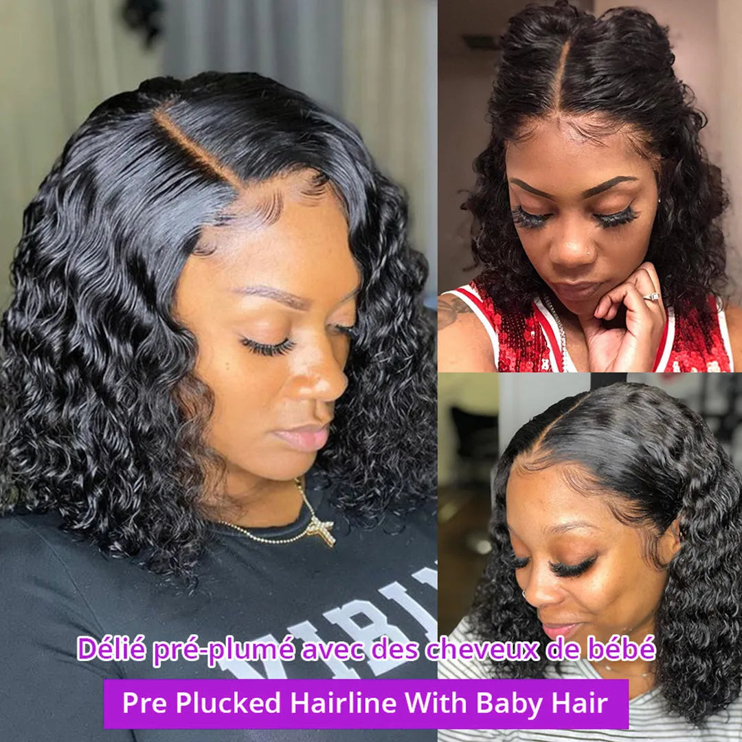 Deep wave lace front human hair wig with transparent curly texture and pre-plucked baby hair on a mannequin head