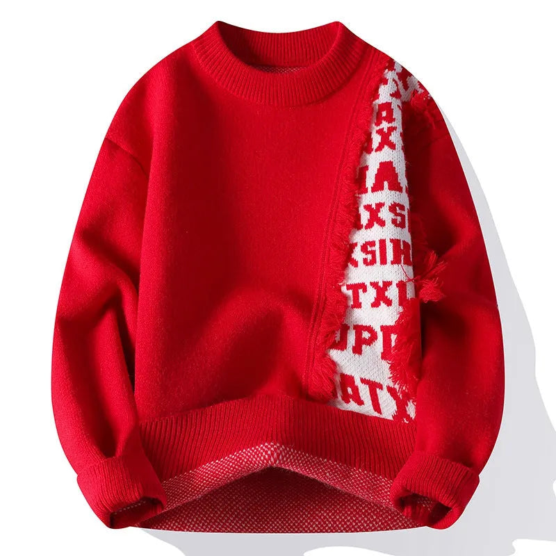 Men's loose-fit knitted pullover sweater with ribbed hem in grey, shown on a hanger.