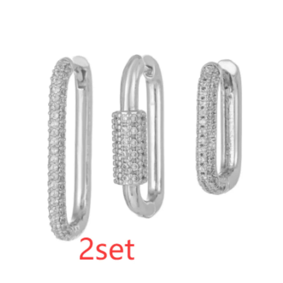 Geometric three-piece earring set with micro-inlaid zircon stones and square ear clips in gold or white k colours