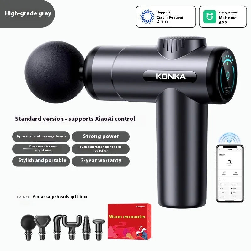 Konka electric mini massage gun with multiple massage head attachments on a gray background.