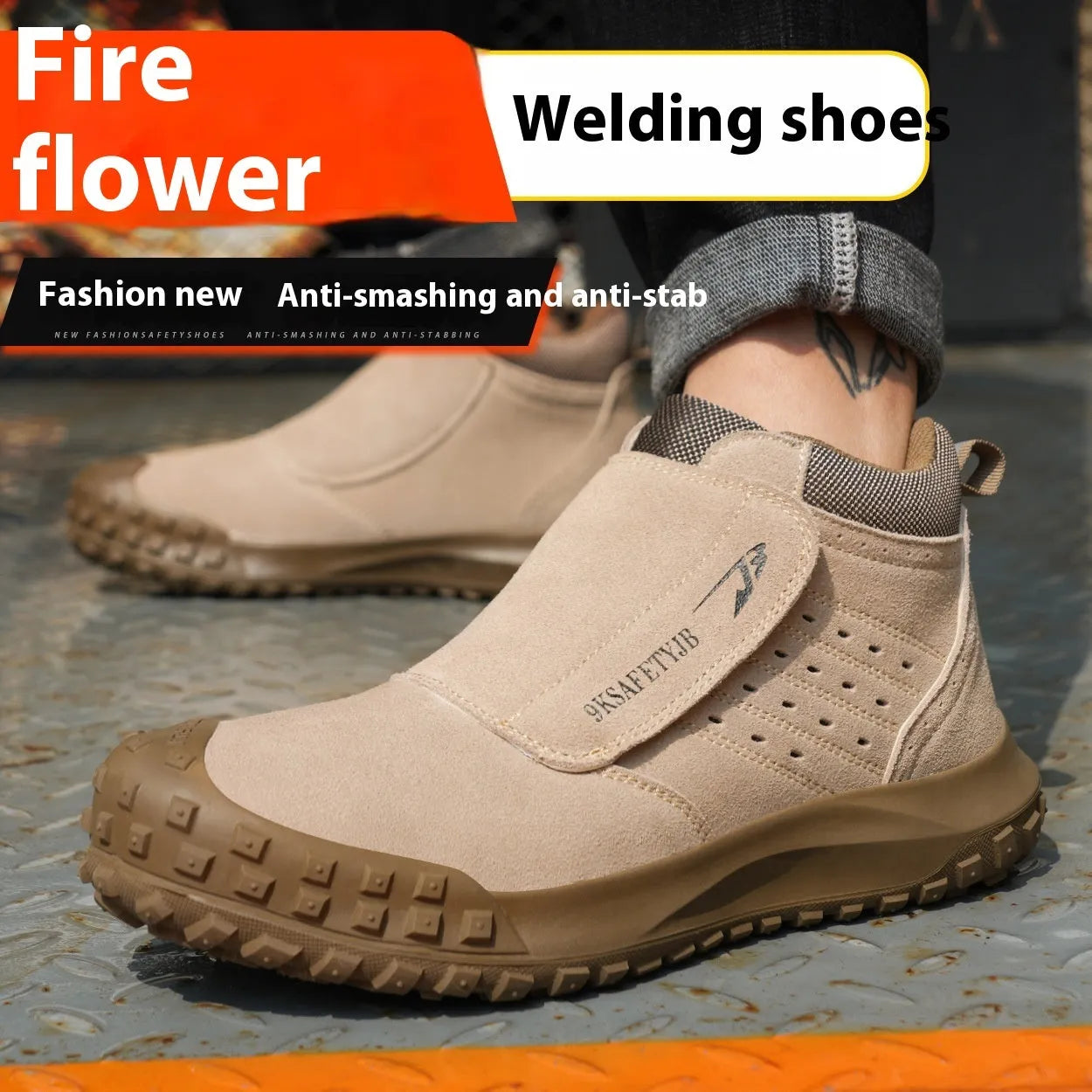 Low-top welder safety shoes with steel toe cap and lace-up front, in sand colour.