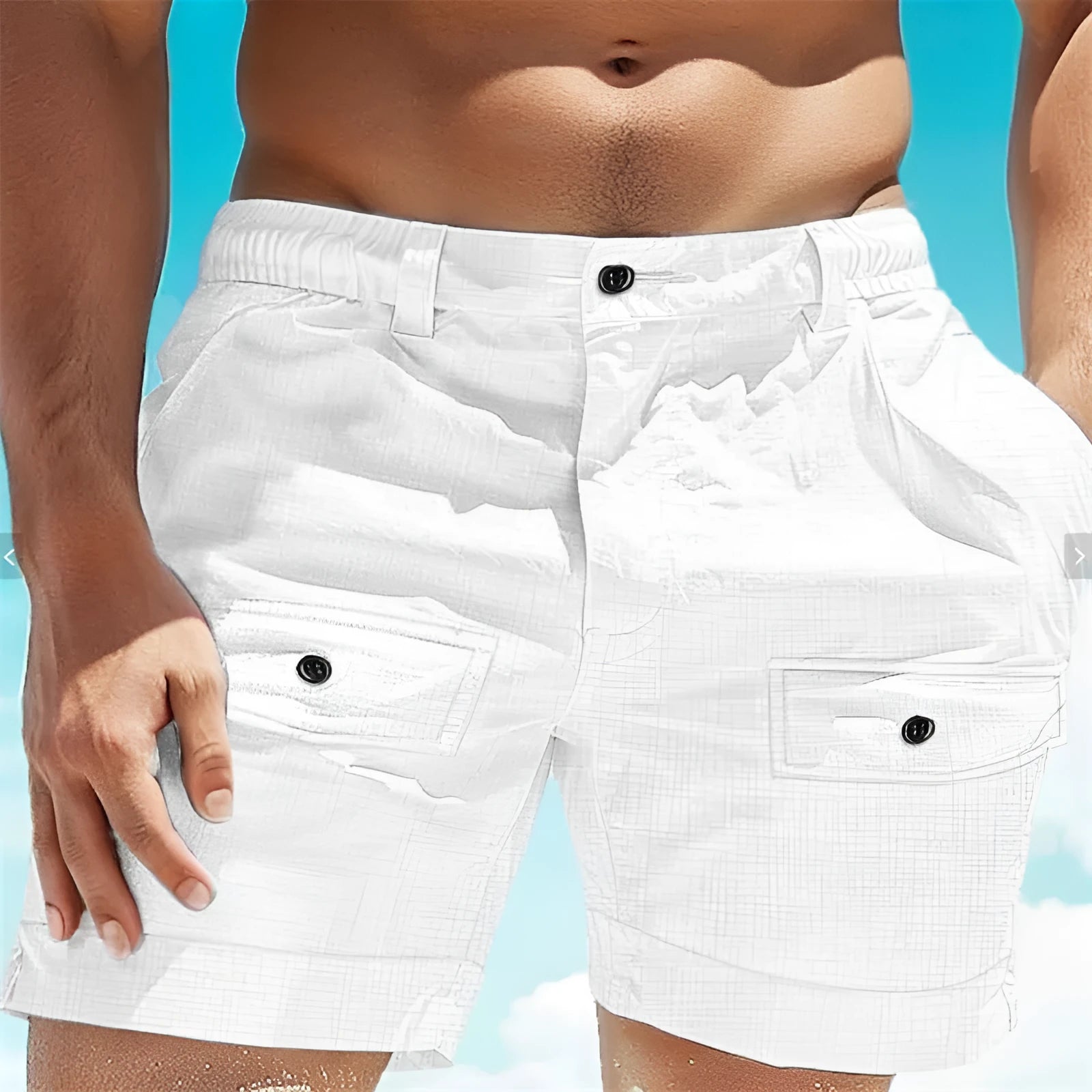 Men's linen beach shorts with elastic waist and buttoned pockets in straight-leg style
