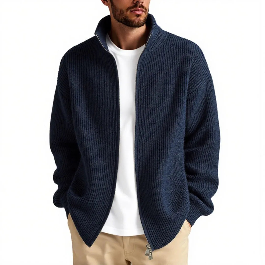 Men's loose-fit cardigan sweater in a chemical fibre blend, shown in a neutral colour.