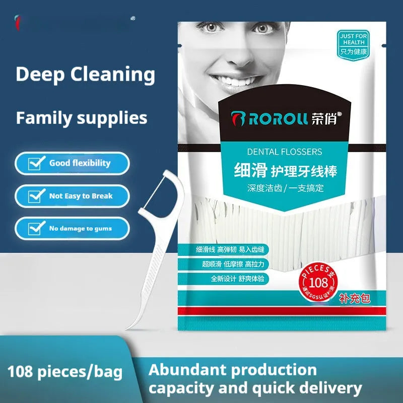 Plastic dental floss packets in a bag, showing independent packaging and 100/108 piece count options
