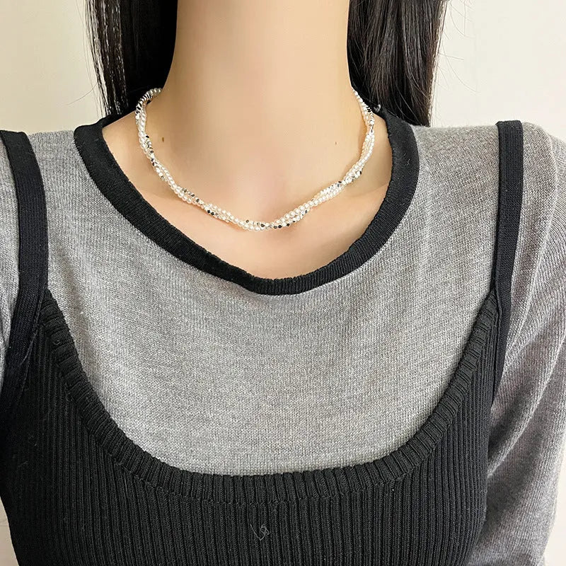 Double-layer winding small pieces silver pearl necklace for women fashion OL style with copper pearl chain