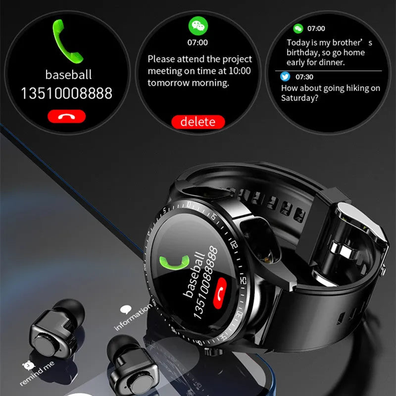 Round black smart watch with stainless steel case, Bluetooth call and heart rate monitoring features on a plain background.