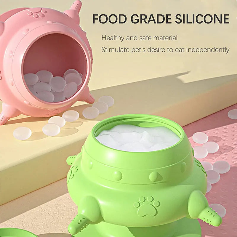Pink silicone pet nursing bottle with milk bowl and pacifier for puppies and kittens