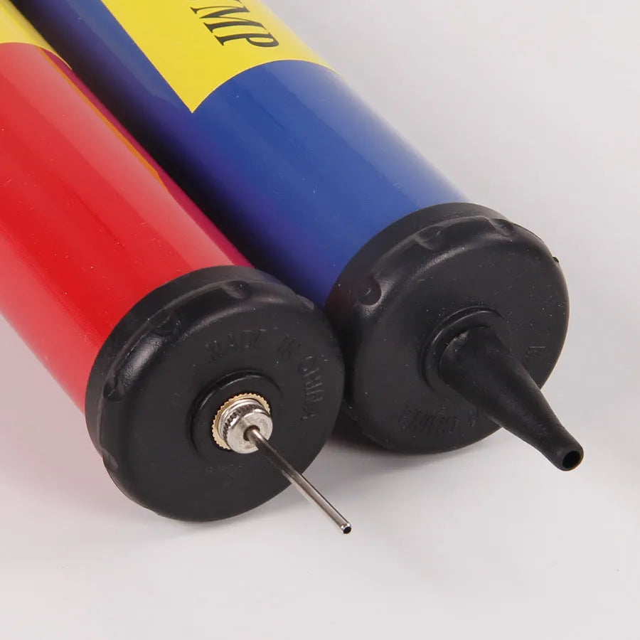 A plastic manual hand pump cylinder for inflating basketballs, volleyballs, and footballs.