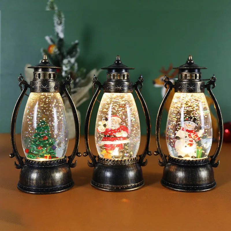 Portable oil lamp Christmas ornament with light-emitting crystal ball and snowman design