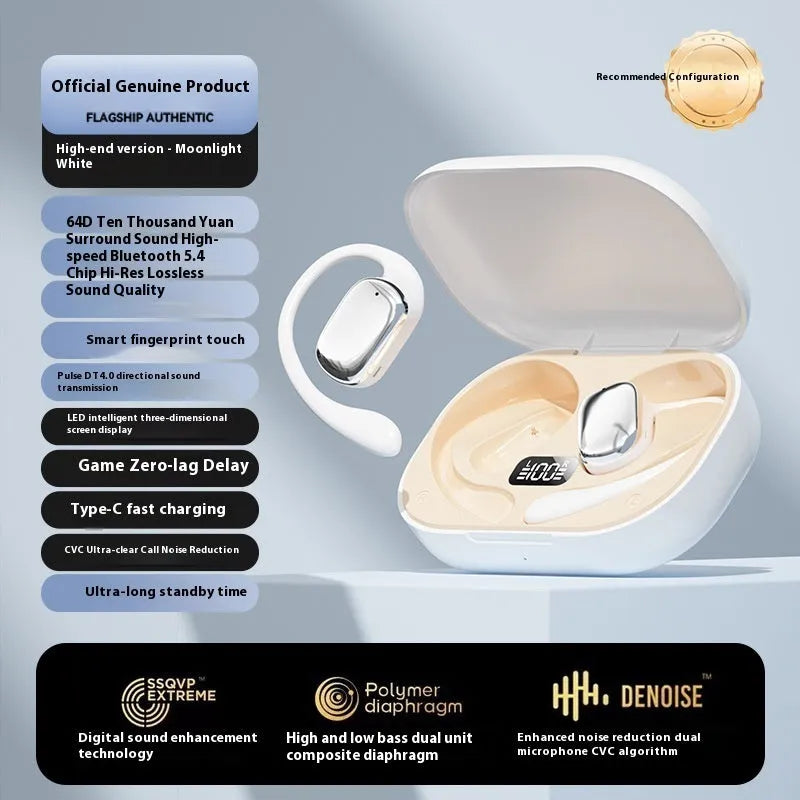 Ear-mounted wireless headphones with digital display screen in black, white, or skin colour options