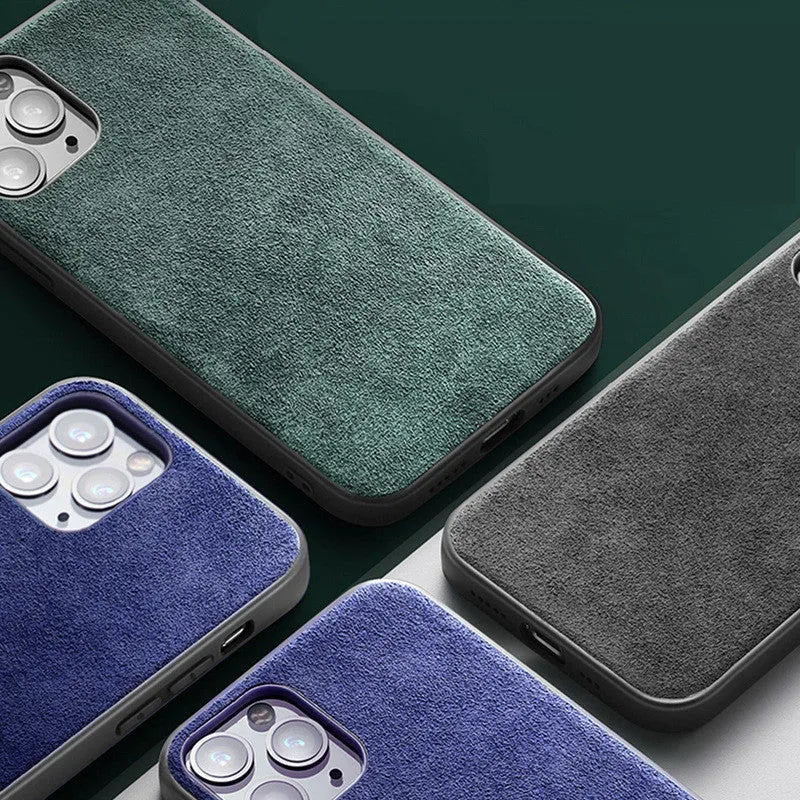 Suede full-cover iPhone case in elegant black, dark night green, or dark blue colour