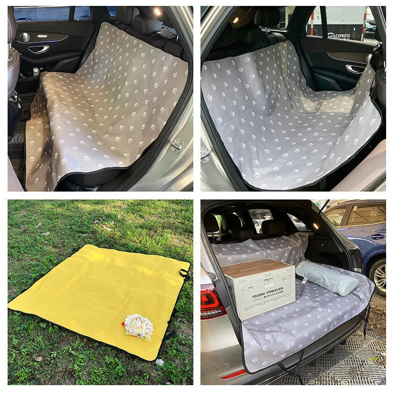 Water-resistant cloth car pet mat for rear seats, shown in multiple colour and print options for dogs.