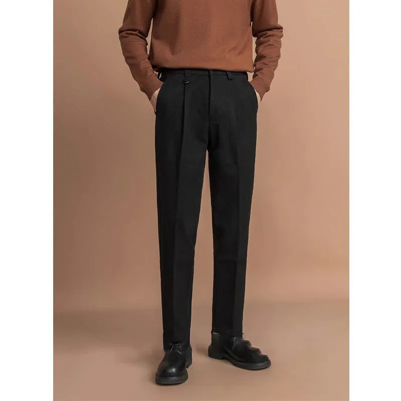 Men's straight-leg draped trousers in four colours: black, dark grey, khaki and brown