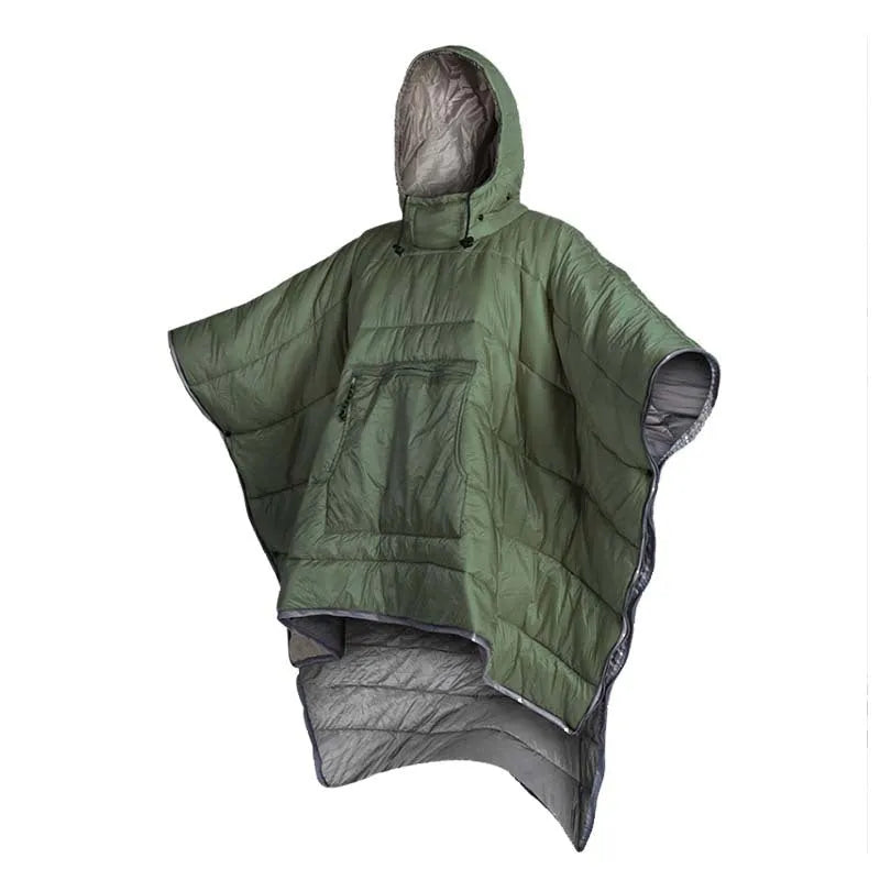 Outdoor cloak sleeping bag in grey laid out flat showing its 200x140cm rectangular shape.