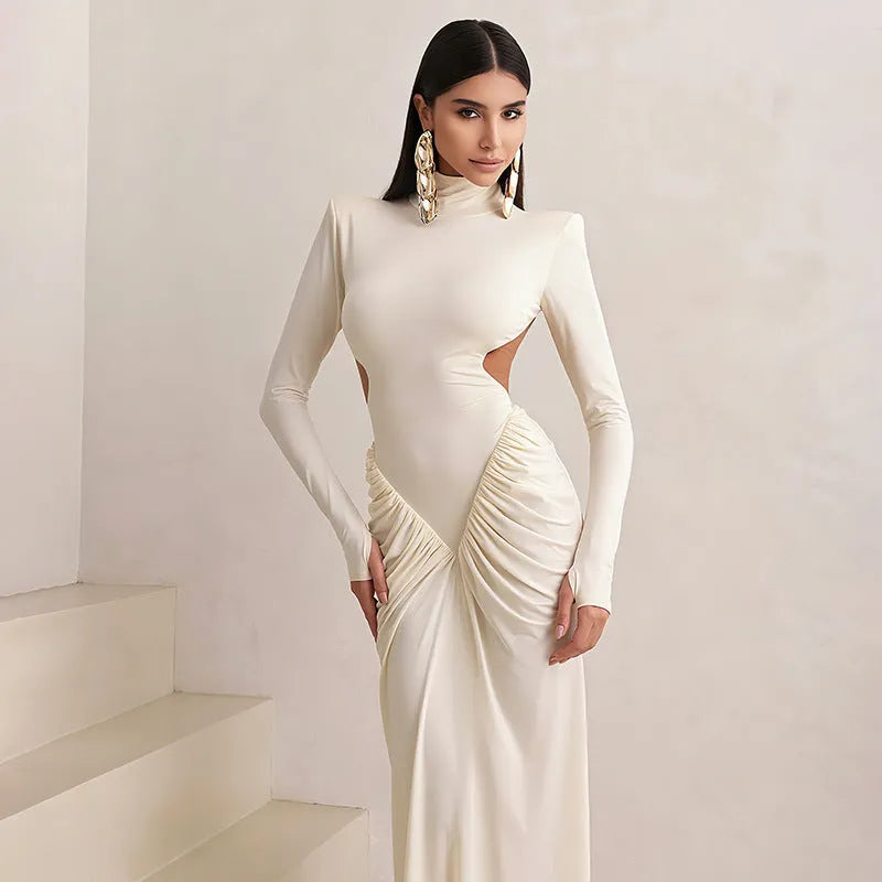Long sleeve high collar women's dress with a pleated backless detail in a slim fit.