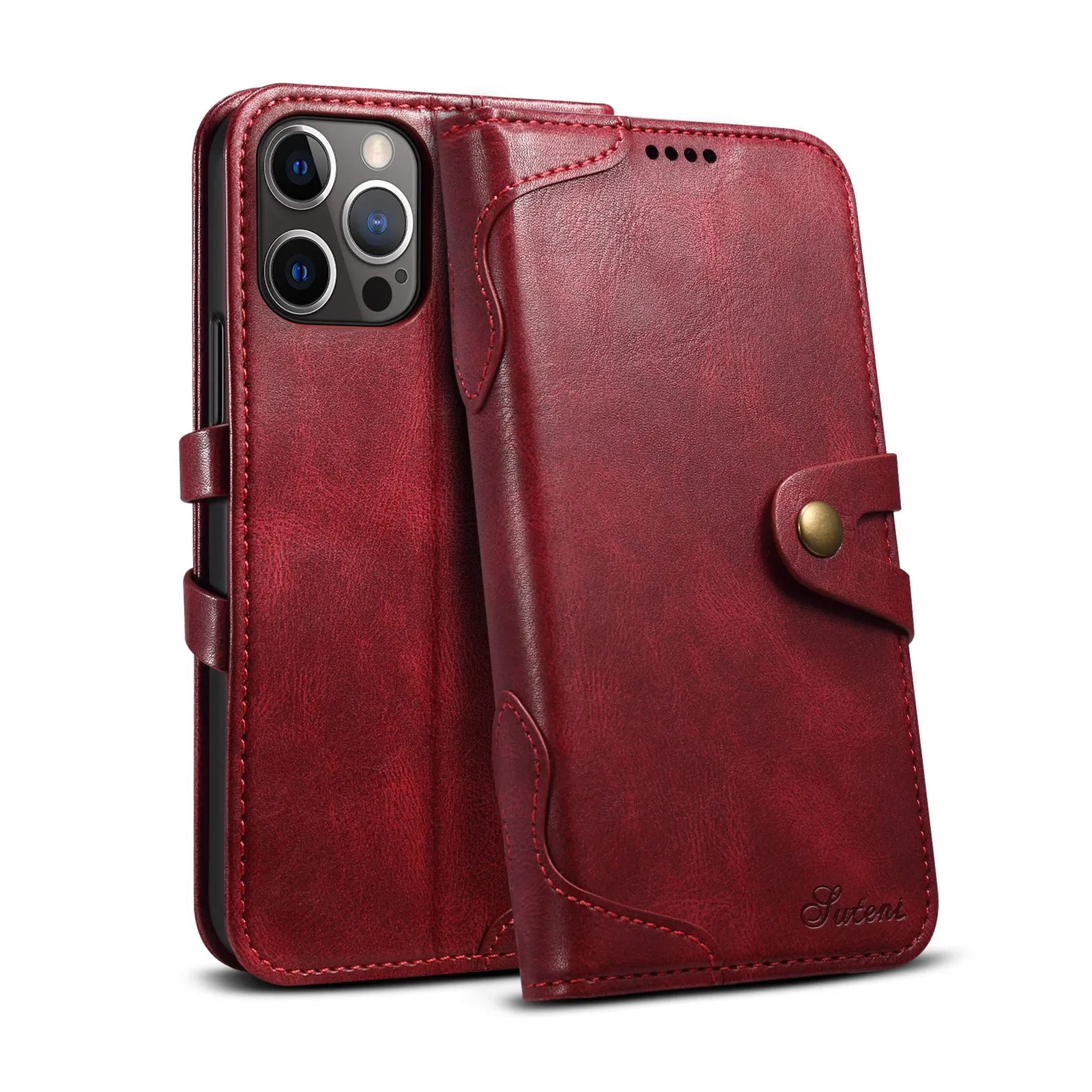 PU leather flip wallet phone case in black with card slot for iPhone 13
