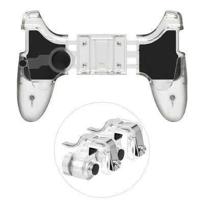 Black wired mobile gaming controller plugged into iPhone with physical buttons and directional pad