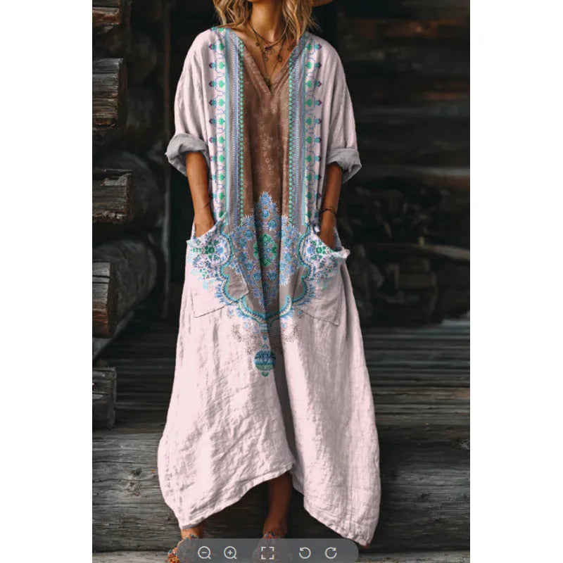 Women's vintage floral print V-neck long dress with pockets, mid waist, conventional sleeves, in bubble anti-wrinkle fabric