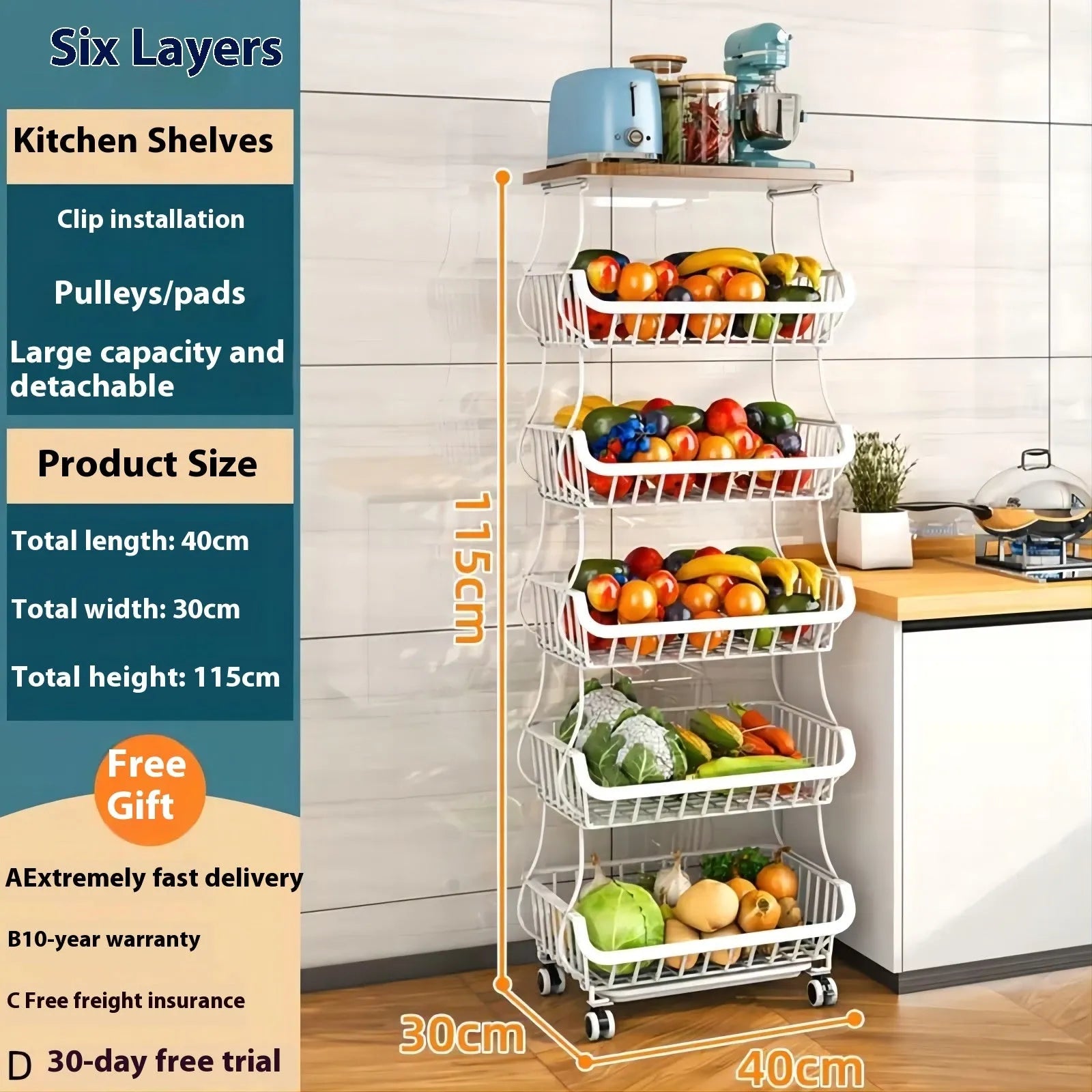 Black six-tier metal kitchen storage trolley with wheels on a wooden floor.