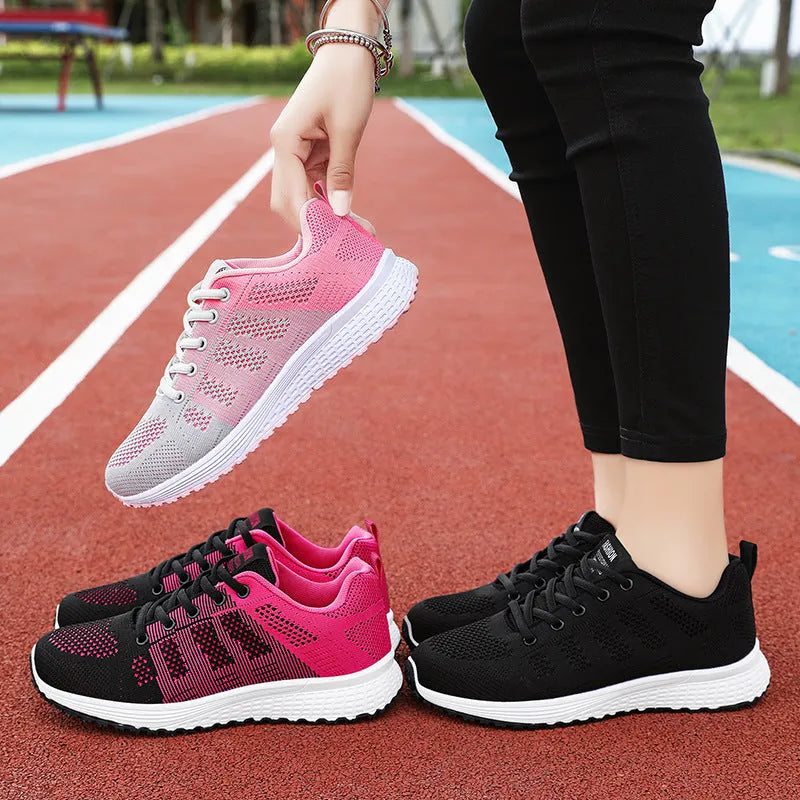 Women's flyknit running shoes in rose red with soft flat sole and round toe