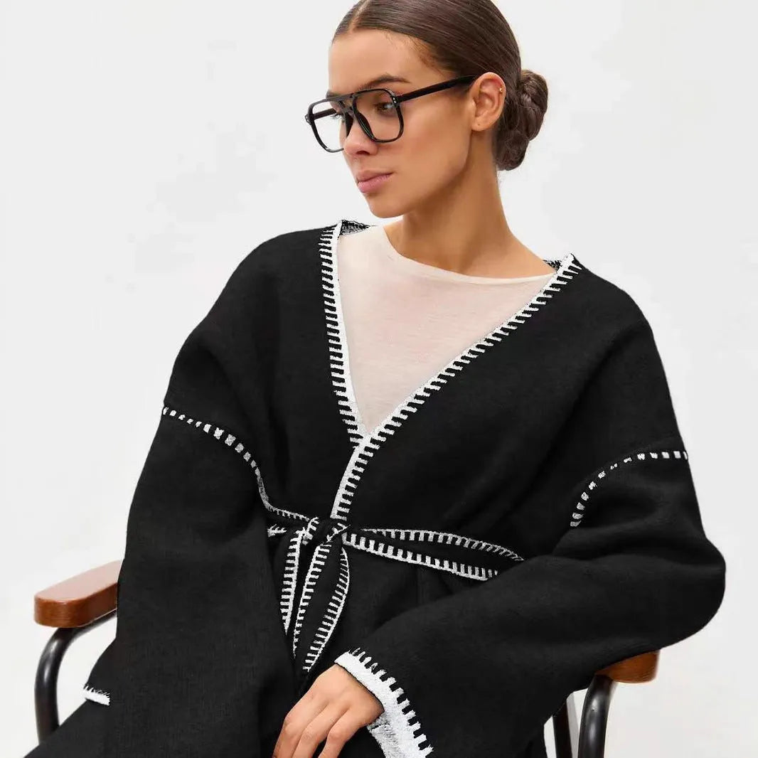 Loose fit knitted cardigan sweater coat in camel colour with long sleeves