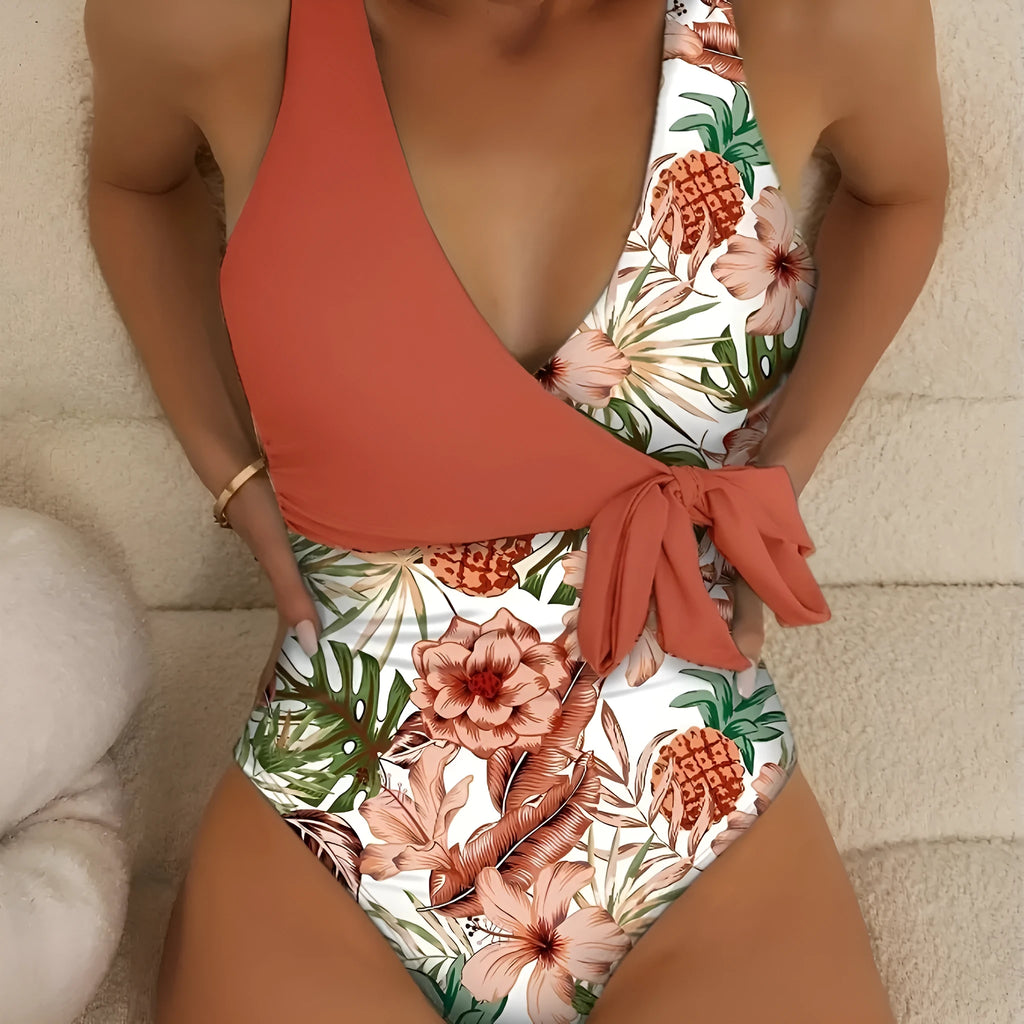 Multicolor tropical plants print one-piece bikini swimsuit for women polyester spandex swimming wading