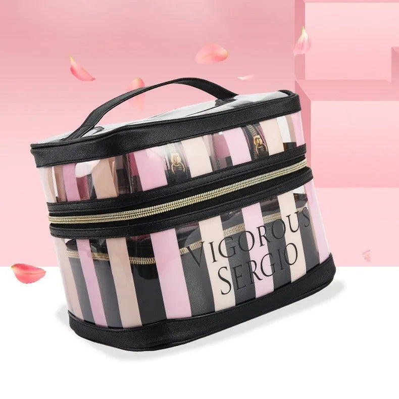 Pink and white bold stripe floral pattern retro-style waterproof synthetic leather makeup buggy bag.